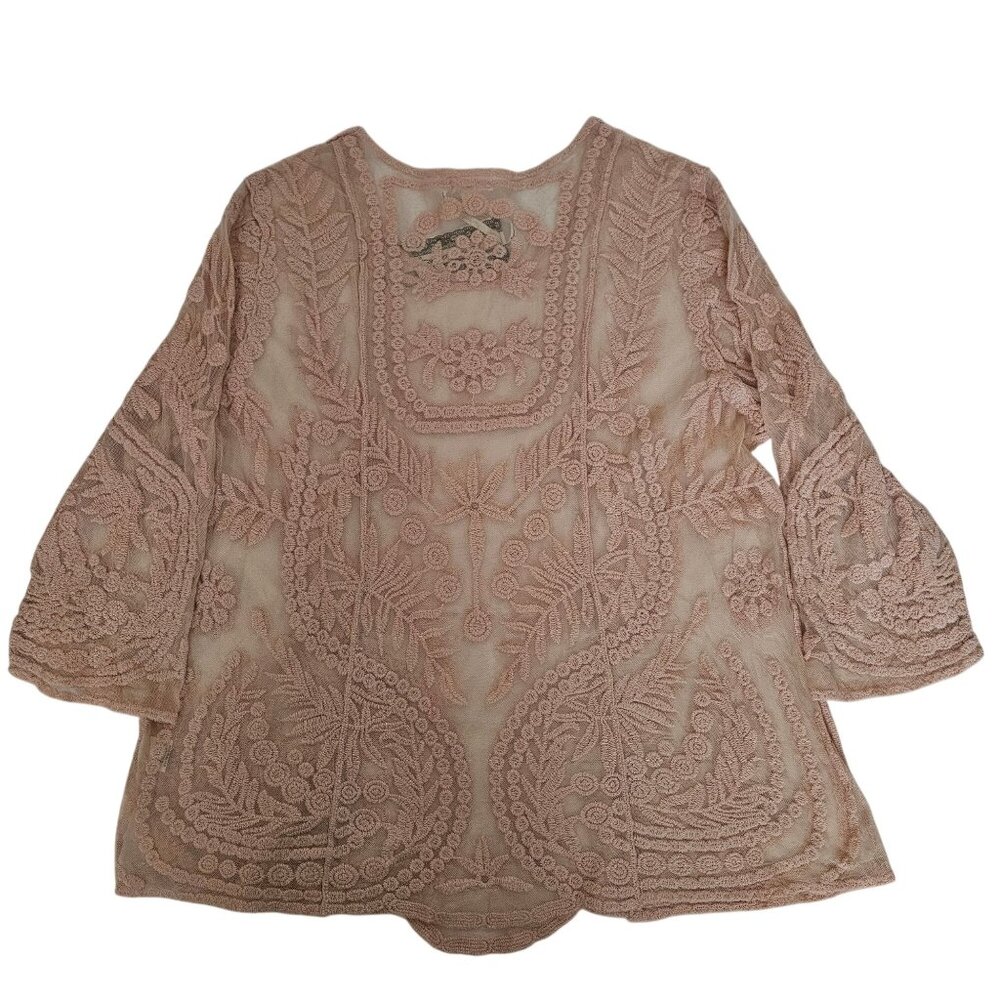 Ultra Pink Light Pink Lace Embroidered Floral 3/4 Sleeve Blouse Women's Size 1X - Picture 3 of 10